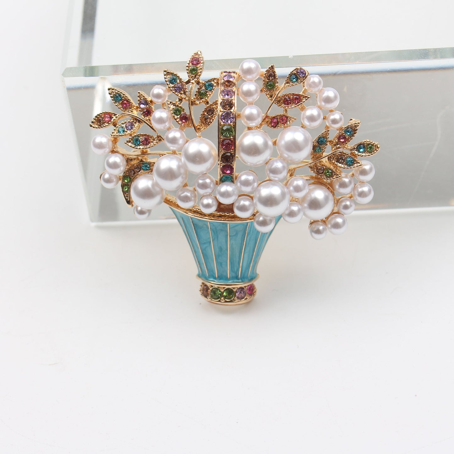 Sophisticated Enamel Floral Basket Brooch with Faux Pearls and Sparkling Rhinestones, Modern Irregular Flower Design Unique Accessory