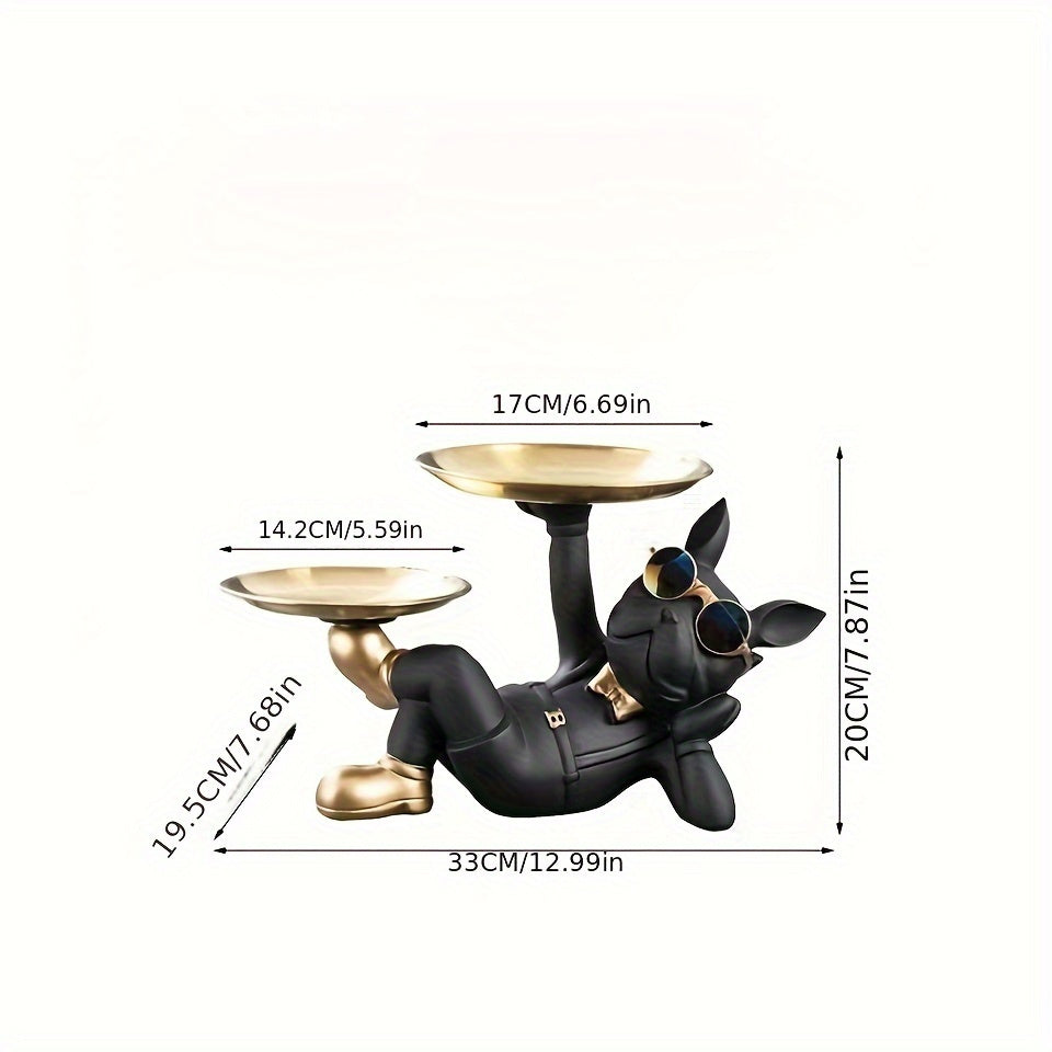 Small bulldog statue tray ideal for organizing keys, wallets, jewelry, phones, and small accessories. Can also be used for holding fruits, snacks, and decorative items for home decor.