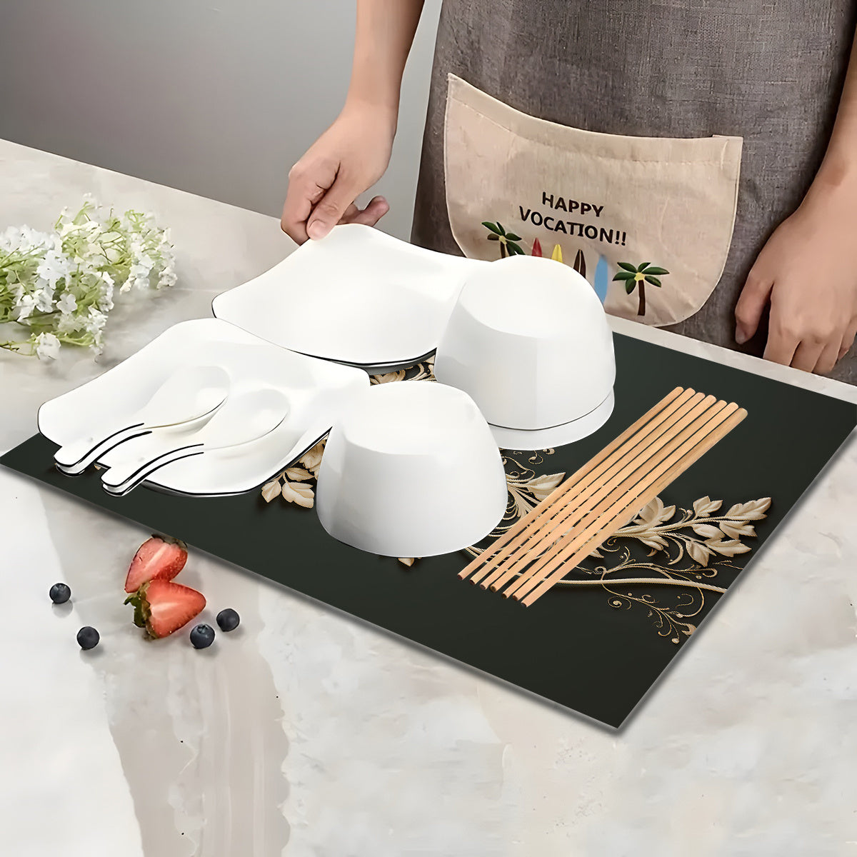 Add a touch of elegance to your kitchen with this luxurious floral polyester dish drying mat. Perfect for your kitchen countertop, this multi-functional tabletop pad can also be used for your washing machine and microwave. It is a decorative accessory