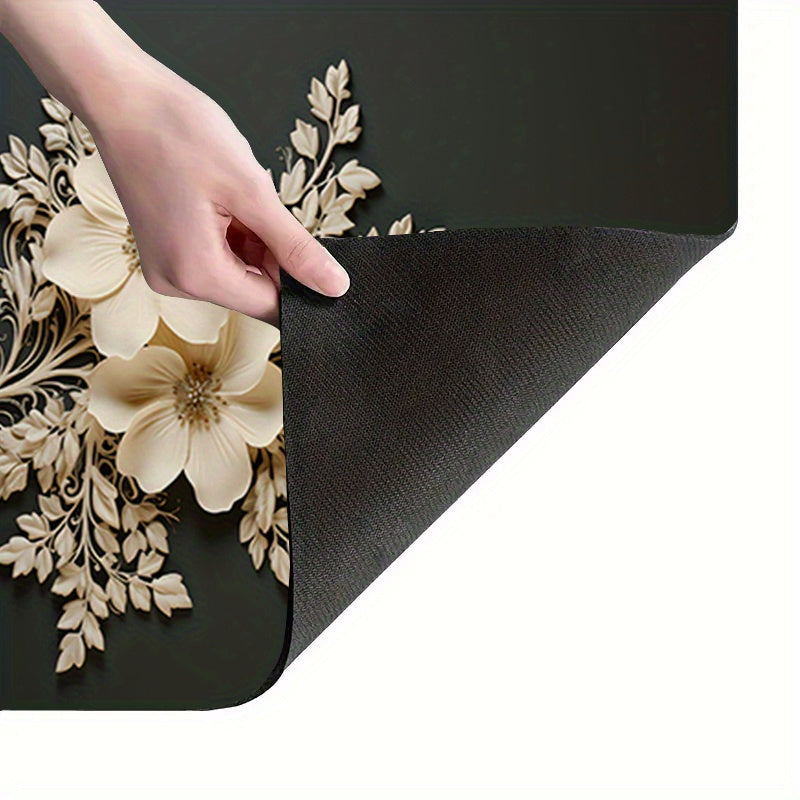 Add a touch of elegance to your kitchen with this luxurious floral polyester dish drying mat. Perfect for your kitchen countertop, this multi-functional tabletop pad can also be used for your washing machine and microwave. It is a decorative accessory