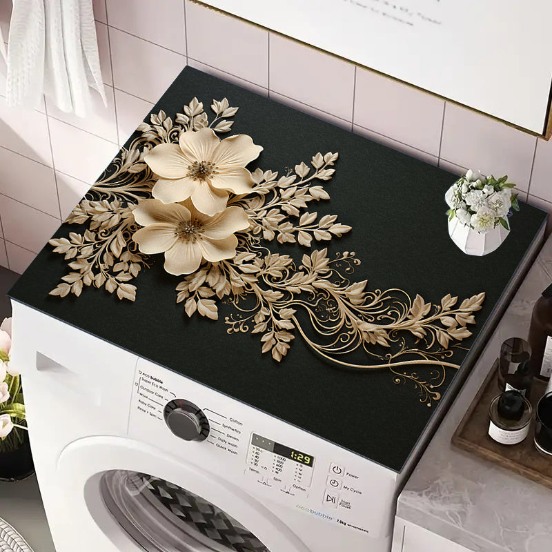 Add a touch of elegance to your kitchen with this luxurious floral polyester dish drying mat. Perfect for your kitchen countertop, this multi-functional tabletop pad can also be used for your washing machine and microwave. It is a decorative accessory