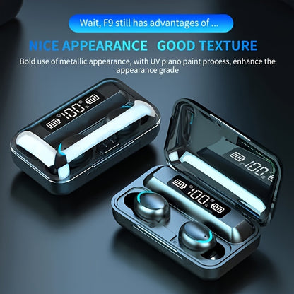 Wireless earphones with Hifi stereo sound, noise cancellation, touch controls, HD microphone, and charging case - TWS F9 Model.