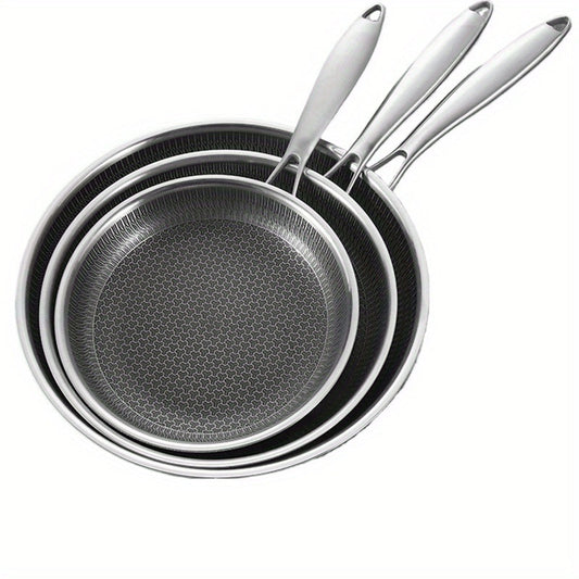 This skillet is made of top-quality 304 stainless steel and features a triple-layer, thickened, non-stick honeycomb design, perfect for cooking eggs and steaks with ease. It is ideal for both home kitchen and restaurant use.