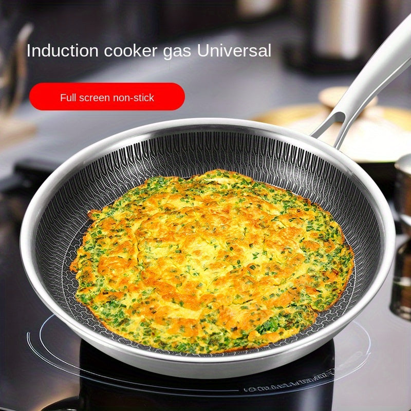 This skillet is made of top-quality 304 stainless steel and features a triple-layer, thickened, non-stick honeycomb design, perfect for cooking eggs and steaks with ease. It is ideal for both home kitchen and restaurant use.