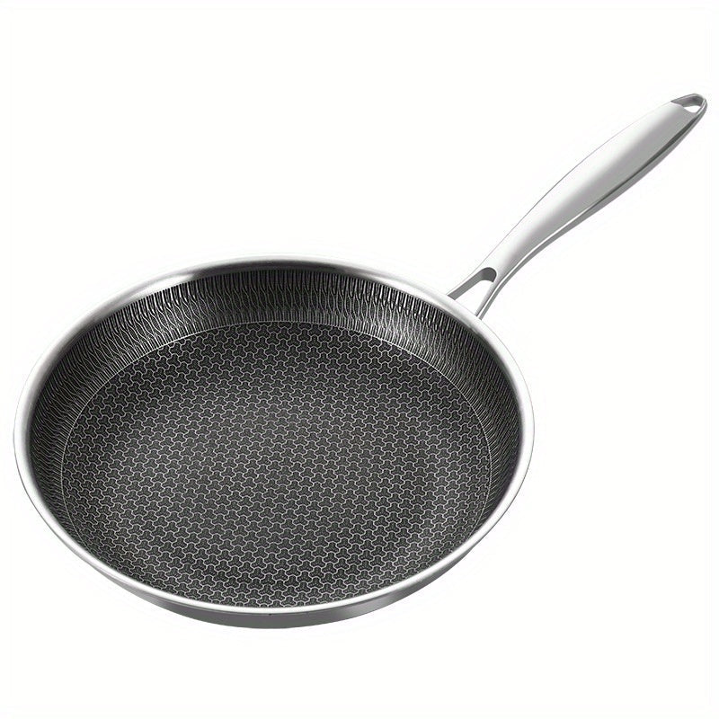 This skillet is made of top-quality 304 stainless steel and features a triple-layer, thickened, non-stick honeycomb design, perfect for cooking eggs and steaks with ease. It is ideal for both home kitchen and restaurant use.