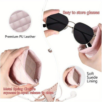 Portable squeeze glasses case made of faux leather designed to hold either 1, 2, 3, or 4 pieces. This soft fashion glasses bag also doubles as a portable phone storage box for fashion glasses.