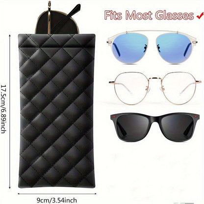 Portable squeeze glasses case made of faux leather designed to hold either 1, 2, 3, or 4 pieces. This soft fashion glasses bag also doubles as a portable phone storage box for fashion glasses.