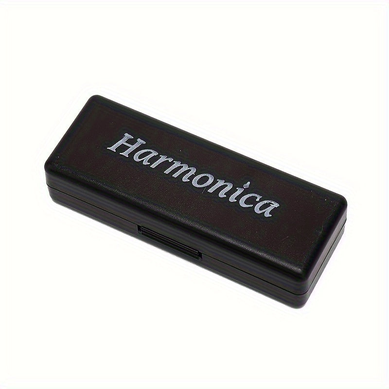 10-hole black harmonica made of polished metal and resin, perfect for beginners and gifting, with a copper core for music and entertainment.