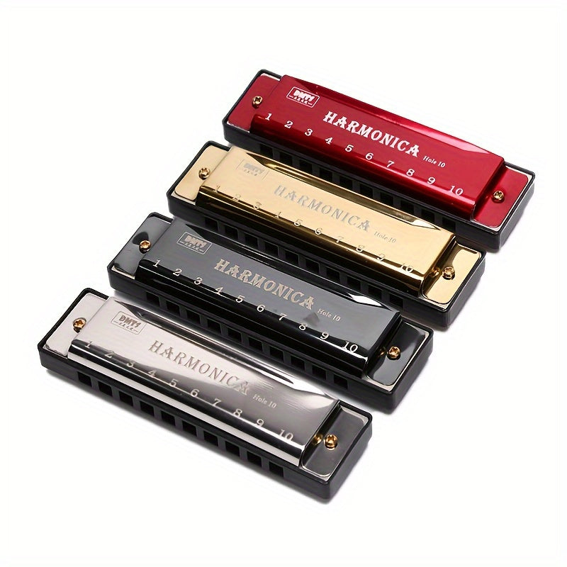 10-hole black harmonica made of polished metal and resin, perfect for beginners and gifting, with a copper core for music and entertainment.