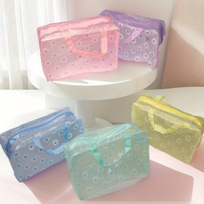 A set of five colorful printed transparent frosted waterproof zipper storage bags, ideal for storing and organizing travel essentials for youngsters. These bags are lightweight, washable, and perfect for on-the-go use.