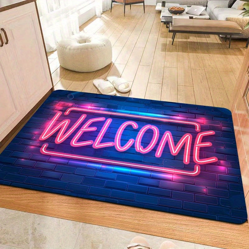 Introducing the Neon Light Up Doormat, a machine washable polyester floor mat with PVC backing. This non-slip indoor rug is perfect for entryways, living rooms, bedrooms, kitchens, and gaming rooms. Enjoy its 8mm thickness for added comfort and