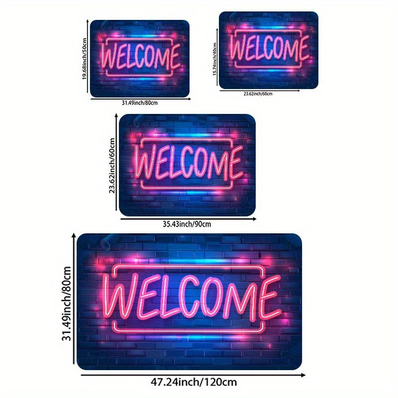 Introducing the Neon Light Up Doormat, a machine washable polyester floor mat with PVC backing. This non-slip indoor rug is perfect for entryways, living rooms, bedrooms, kitchens, and gaming rooms. Enjoy its 8mm thickness for added comfort and