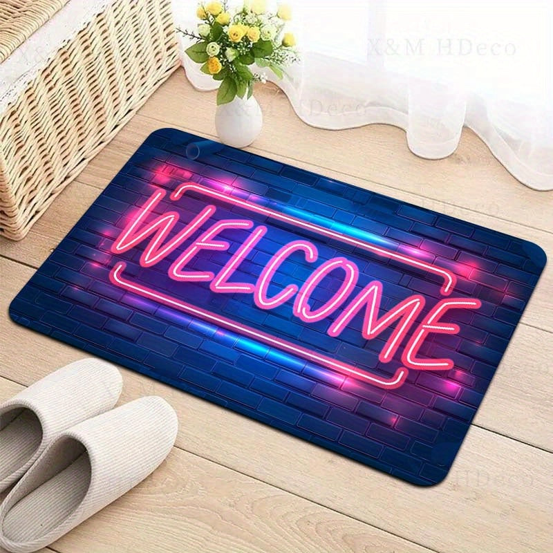 Introducing the Neon Light Up Doormat, a machine washable polyester floor mat with PVC backing. This non-slip indoor rug is perfect for entryways, living rooms, bedrooms, kitchens, and gaming rooms. Enjoy its 8mm thickness for added comfort and