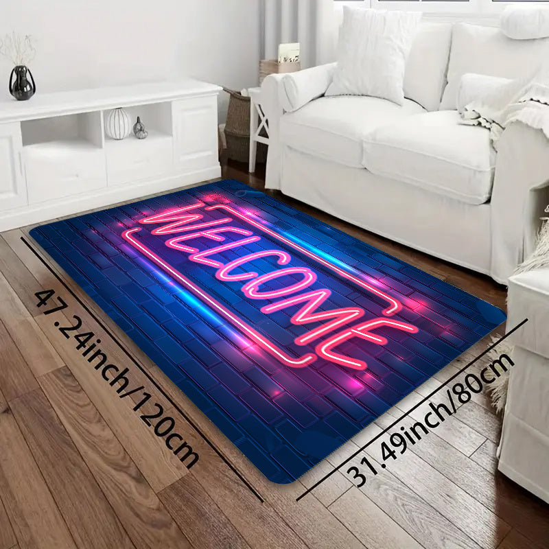 Introducing the Neon Light Up Doormat, a machine washable polyester floor mat with PVC backing. This non-slip indoor rug is perfect for entryways, living rooms, bedrooms, kitchens, and gaming rooms. Enjoy its 8mm thickness for added comfort and