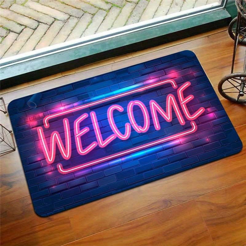 Introducing the Neon Light Up Doormat, a machine washable polyester floor mat with PVC backing. This non-slip indoor rug is perfect for entryways, living rooms, bedrooms, kitchens, and gaming rooms. Enjoy its 8mm thickness for added comfort and