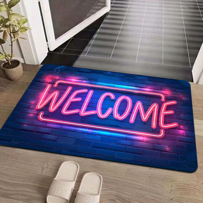 Introducing the Neon Light Up Doormat, a machine washable polyester floor mat with PVC backing. This non-slip indoor rug is perfect for entryways, living rooms, bedrooms, kitchens, and gaming rooms. Enjoy its 8mm thickness for added comfort and