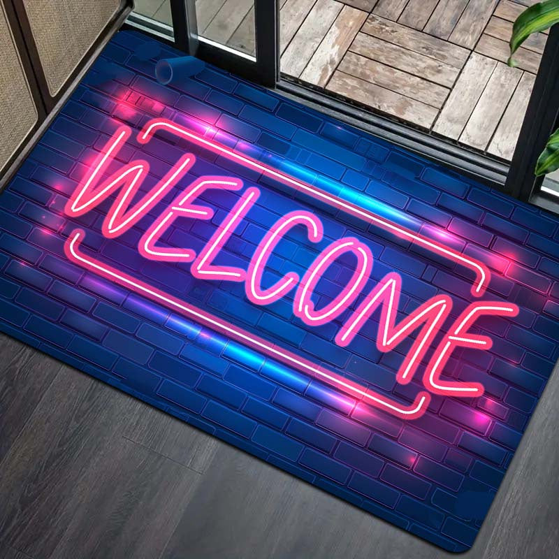 Introducing the Neon Light Up Doormat, a machine washable polyester floor mat with PVC backing. This non-slip indoor rug is perfect for entryways, living rooms, bedrooms, kitchens, and gaming rooms. Enjoy its 8mm thickness for added comfort and