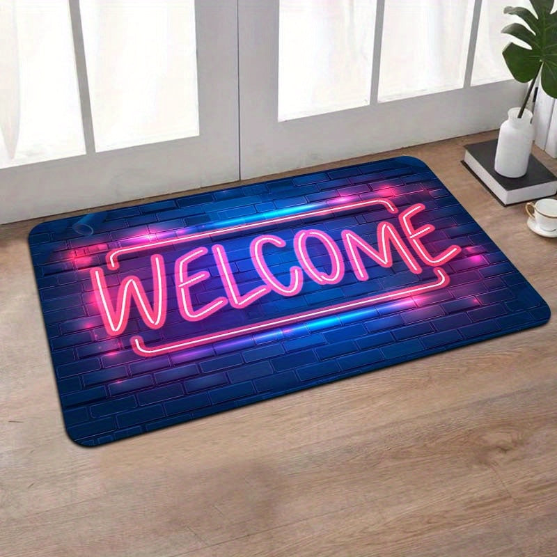 Introducing the Neon Light Up Doormat, a machine washable polyester floor mat with PVC backing. This non-slip indoor rug is perfect for entryways, living rooms, bedrooms, kitchens, and gaming rooms. Enjoy its 8mm thickness for added comfort and