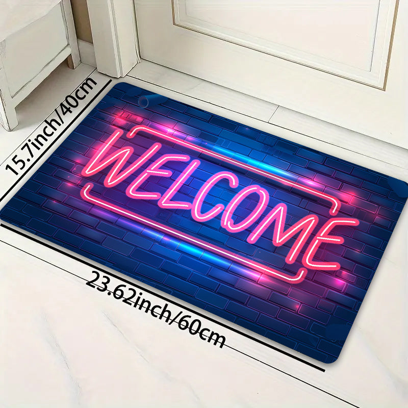 Introducing the Neon Light Up Doormat, a machine washable polyester floor mat with PVC backing. This non-slip indoor rug is perfect for entryways, living rooms, bedrooms, kitchens, and gaming rooms. Enjoy its 8mm thickness for added comfort and