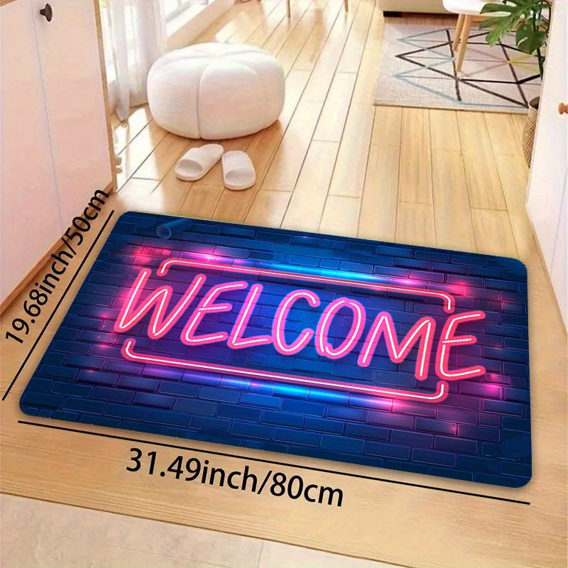 Introducing the Neon Light Up Doormat, a machine washable polyester floor mat with PVC backing. This non-slip indoor rug is perfect for entryways, living rooms, bedrooms, kitchens, and gaming rooms. Enjoy its 8mm thickness for added comfort and