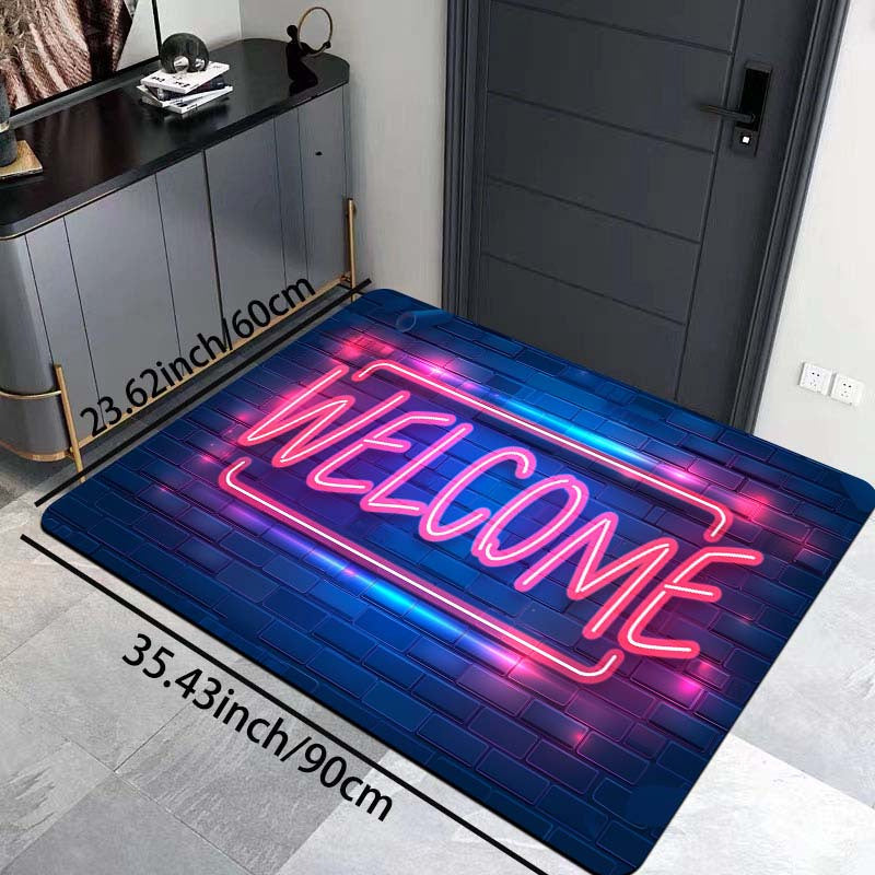 Introducing the Neon Light Up Doormat, a machine washable polyester floor mat with PVC backing. This non-slip indoor rug is perfect for entryways, living rooms, bedrooms, kitchens, and gaming rooms. Enjoy its 8mm thickness for added comfort and