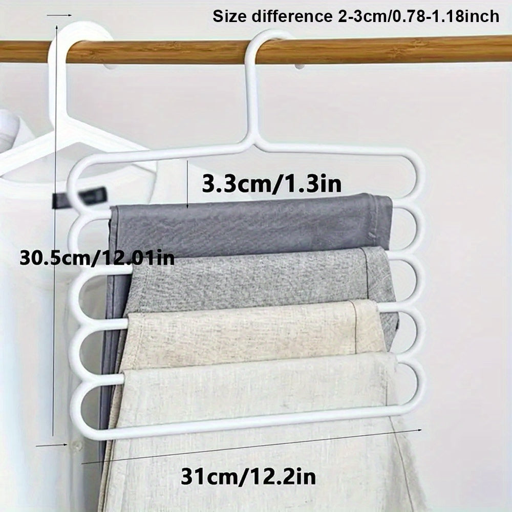 5-Layer White Plastic Pants Hanger - Multi-functional organizer for pants, skirts, and scarves - Space-saving vertical storage with horizontal bars - Great for home and closet organization, clothes hangers.