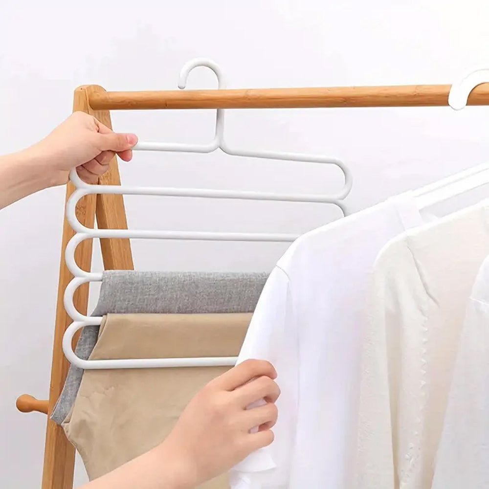 5-Layer White Plastic Pants Hanger - Multi-functional organizer for pants, skirts, and scarves - Space-saving vertical storage with horizontal bars - Great for home and closet organization, clothes hangers.