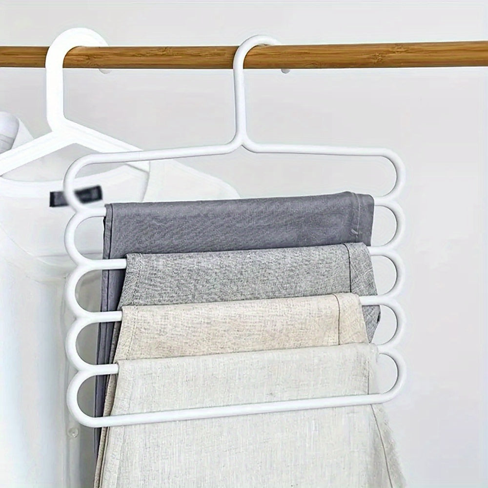 5-Layer White Plastic Pants Hanger - Multi-functional organizer for pants, skirts, and scarves - Space-saving vertical storage with horizontal bars - Great for home and closet organization, clothes hangers.