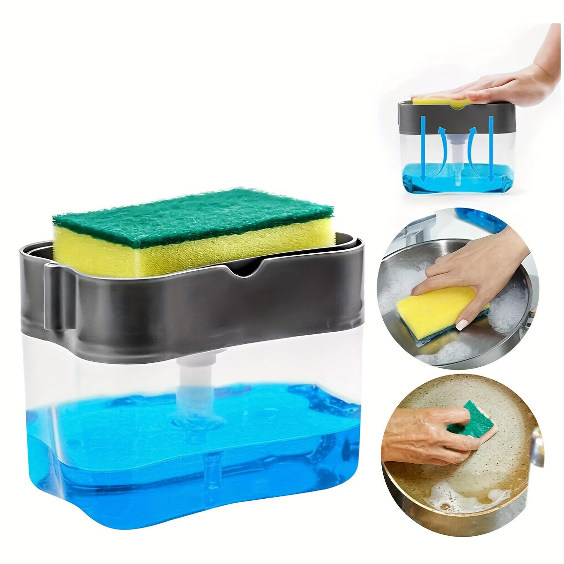 Gray Countertop Organizer - Manual Press Dish Soap Pump, Sponge Holder, and 2-in-1 Kitchen Soap Dispenser