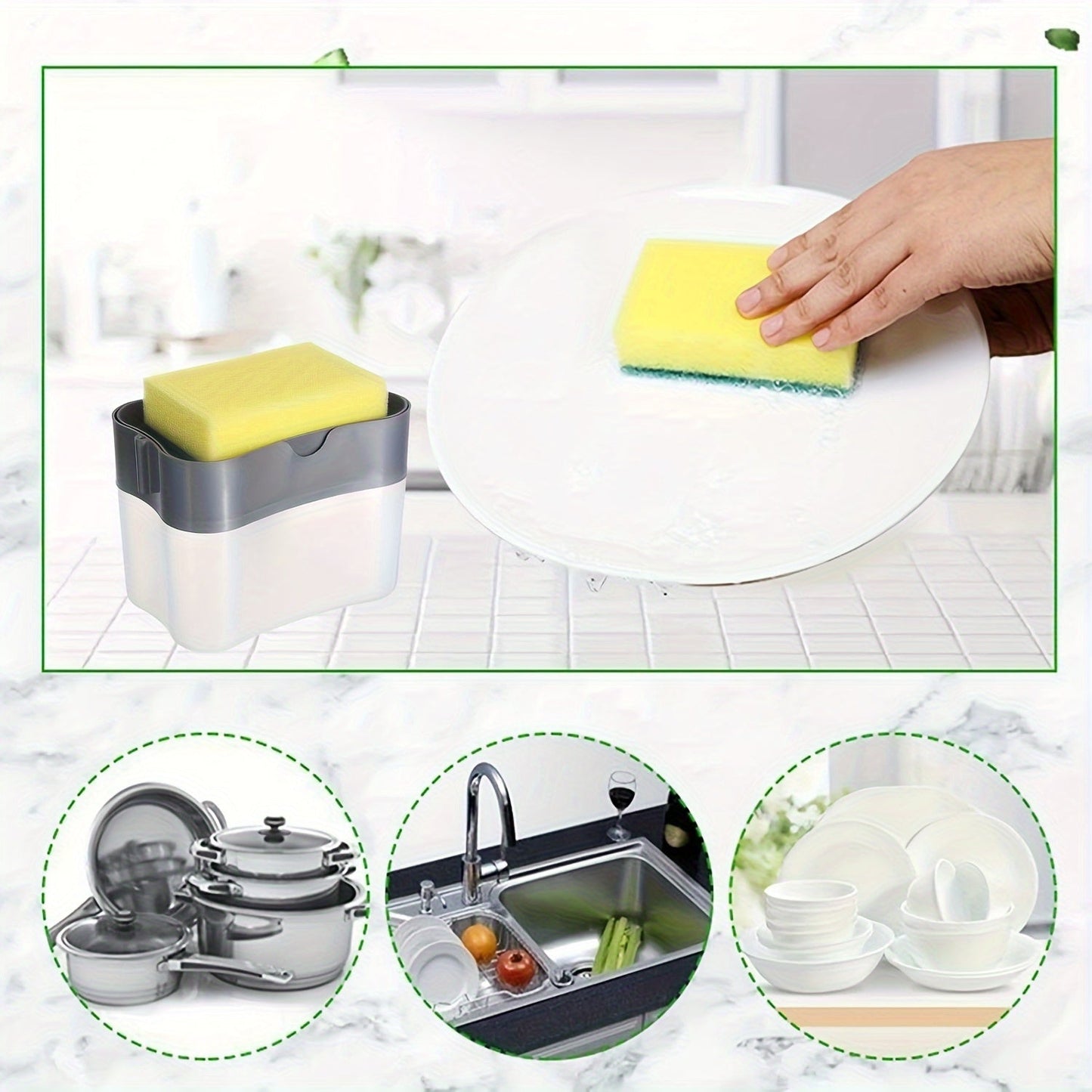 Gray Countertop Organizer - Manual Press Dish Soap Pump, Sponge Holder, and 2-in-1 Kitchen Soap Dispenser