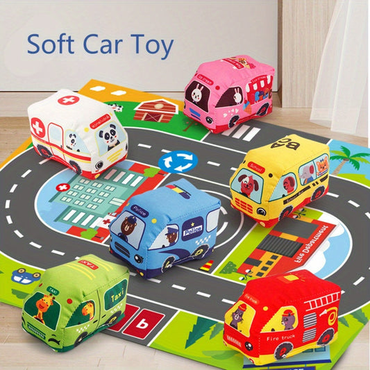 Soft 6-Piece Vehicle Playset with Foldable Play Mat | Educational Early Learning Toy Set for Boys & Girls | Cloth Car Figures for Toddlers | Made in China | Educational Toys for Toddlers Ages 0-3