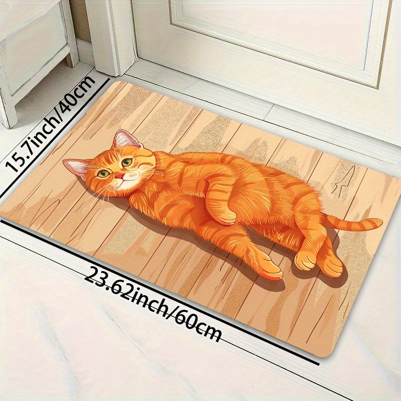 Rectangular Orange Cat Cartoon Floor Mat - Machine Washable Decorative Polyester Mat for Entryway, Kitchen, Living Room, and Bedroom | PVC Backed, E-Sports Ready, Easy to Clean Area Mat