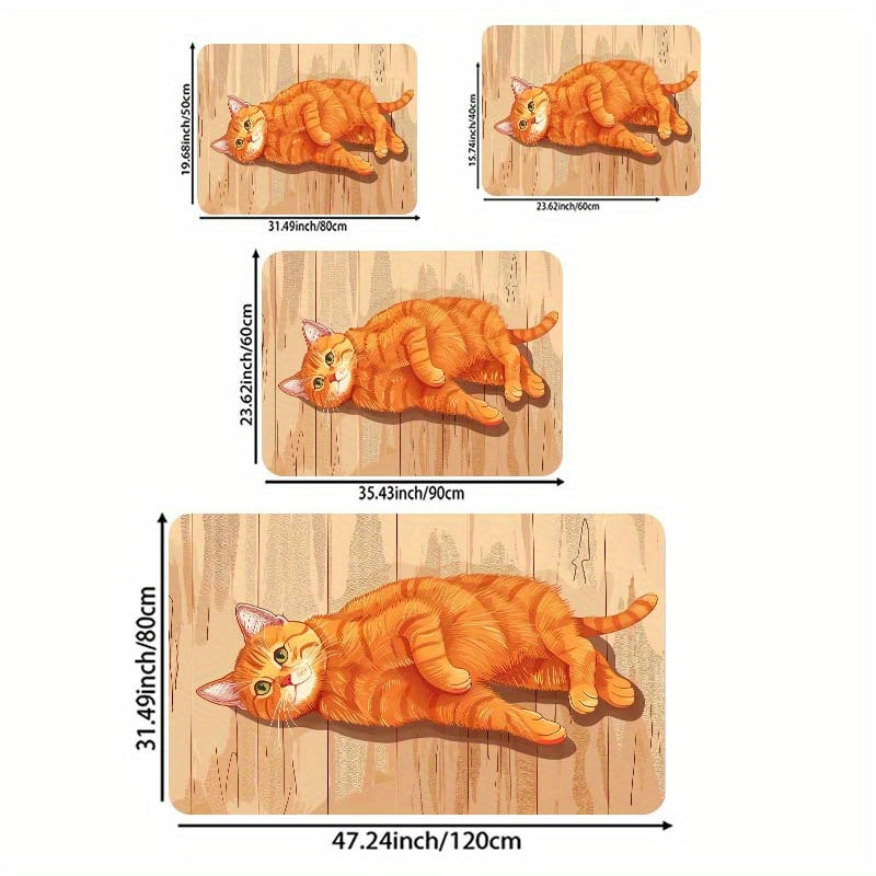 Rectangular Orange Cat Cartoon Floor Mat - Machine Washable Decorative Polyester Mat for Entryway, Kitchen, Living Room, and Bedroom | PVC Backed, E-Sports Ready, Easy to Clean Area Mat