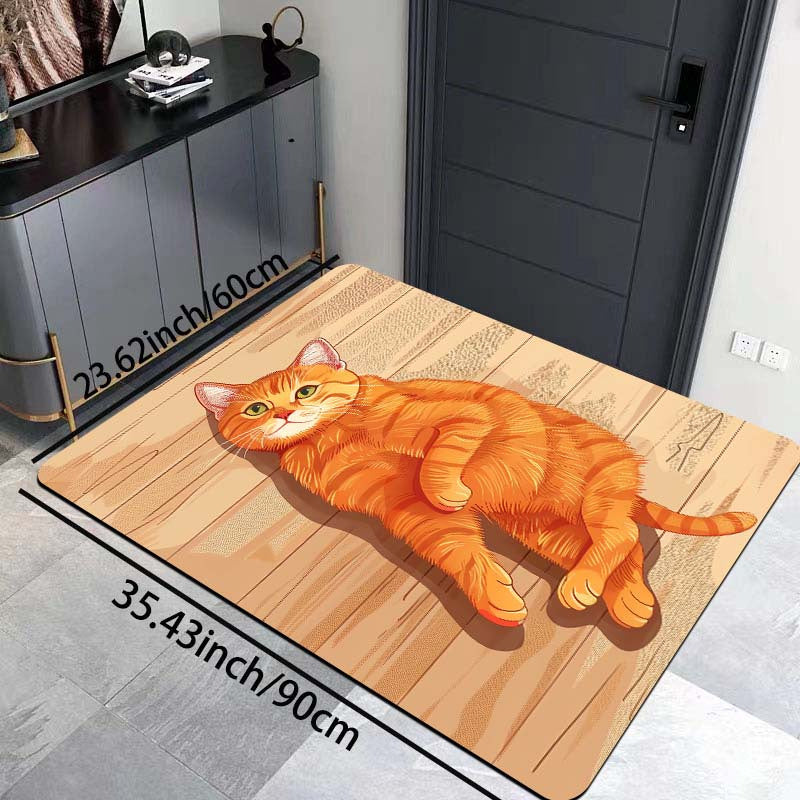 Rectangular Orange Cat Cartoon Floor Mat - Machine Washable Decorative Polyester Mat for Entryway, Kitchen, Living Room, and Bedroom | PVC Backed, E-Sports Ready, Easy to Clean Area Mat