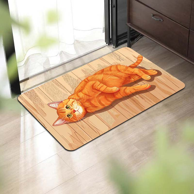 Rectangular Orange Cat Cartoon Floor Mat - Machine Washable Decorative Polyester Mat for Entryway, Kitchen, Living Room, and Bedroom | PVC Backed, E-Sports Ready, Easy to Clean Area Mat