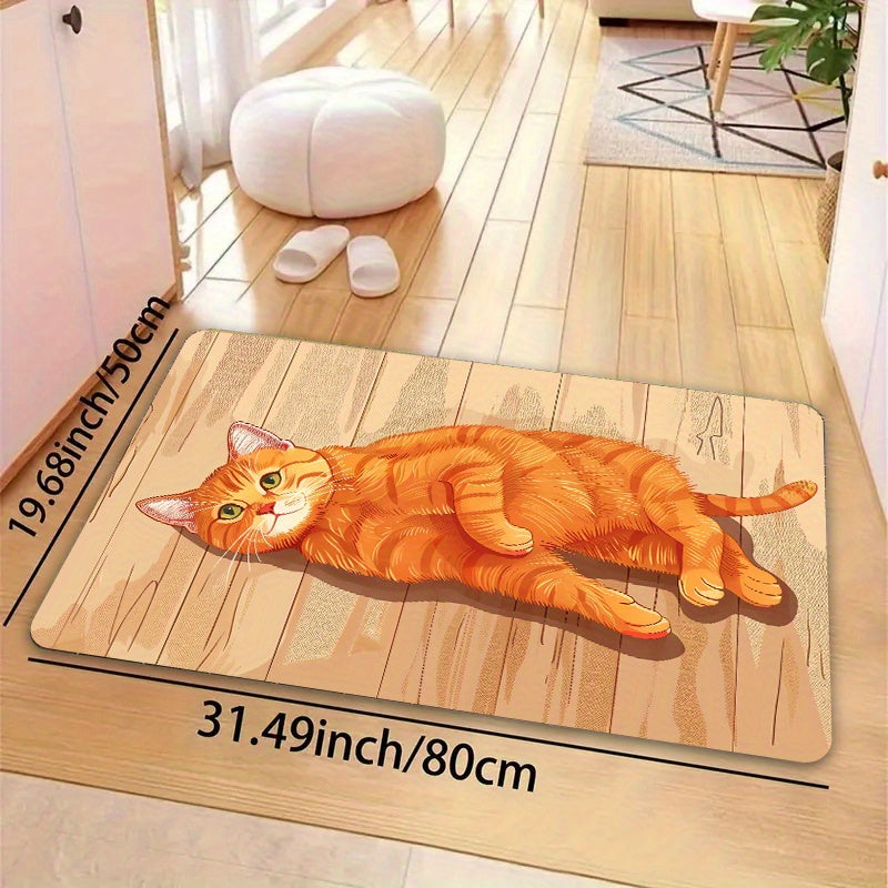 Rectangular Orange Cat Cartoon Floor Mat - Machine Washable Decorative Polyester Mat for Entryway, Kitchen, Living Room, and Bedroom | PVC Backed, E-Sports Ready, Easy to Clean Area Mat