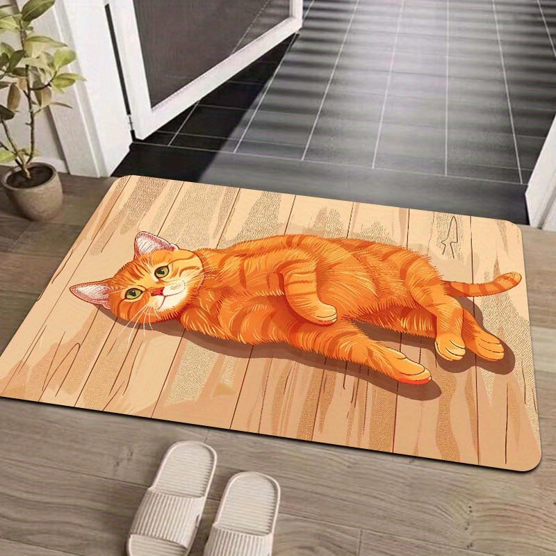 Rectangular Orange Cat Cartoon Floor Mat - Machine Washable Decorative Polyester Mat for Entryway, Kitchen, Living Room, and Bedroom | PVC Backed, E-Sports Ready, Easy to Clean Area Mat