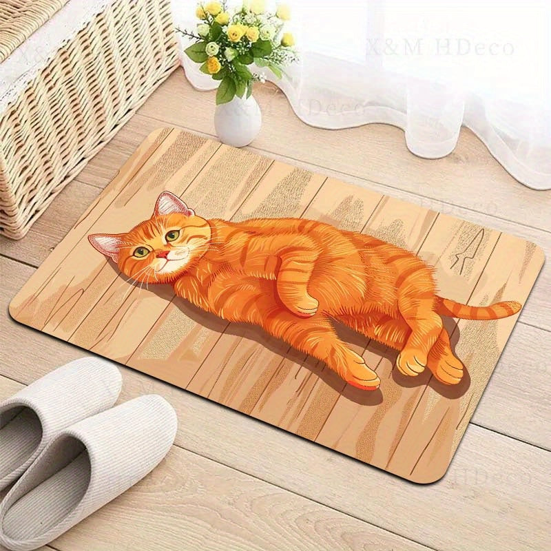 Rectangular Orange Cat Cartoon Floor Mat - Machine Washable Decorative Polyester Mat for Entryway, Kitchen, Living Room, and Bedroom | PVC Backed, E-Sports Ready, Easy to Clean Area Mat