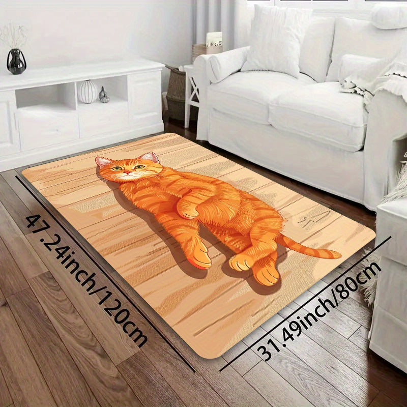 Rectangular Orange Cat Cartoon Floor Mat - Machine Washable Decorative Polyester Mat for Entryway, Kitchen, Living Room, and Bedroom | PVC Backed, E-Sports Ready, Easy to Clean Area Mat