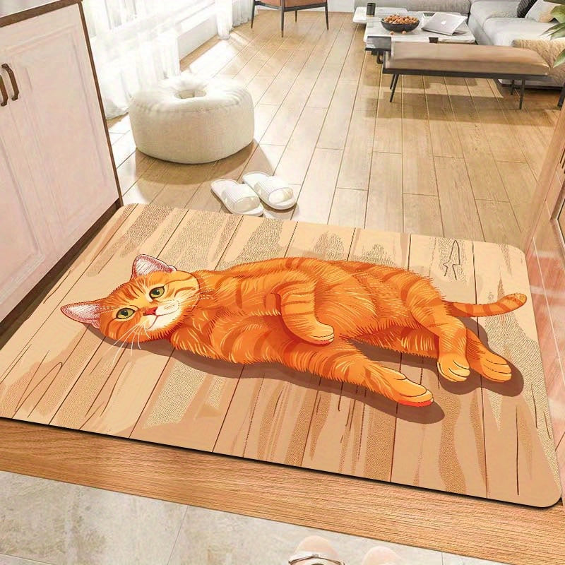 Rectangular Orange Cat Cartoon Floor Mat - Machine Washable Decorative Polyester Mat for Entryway, Kitchen, Living Room, and Bedroom | PVC Backed, E-Sports Ready, Easy to Clean Area Mat