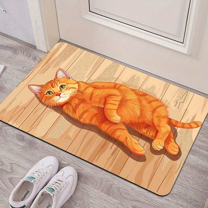 Rectangular Orange Cat Cartoon Floor Mat - Machine Washable Decorative Polyester Mat for Entryway, Kitchen, Living Room, and Bedroom | PVC Backed, E-Sports Ready, Easy to Clean Area Mat