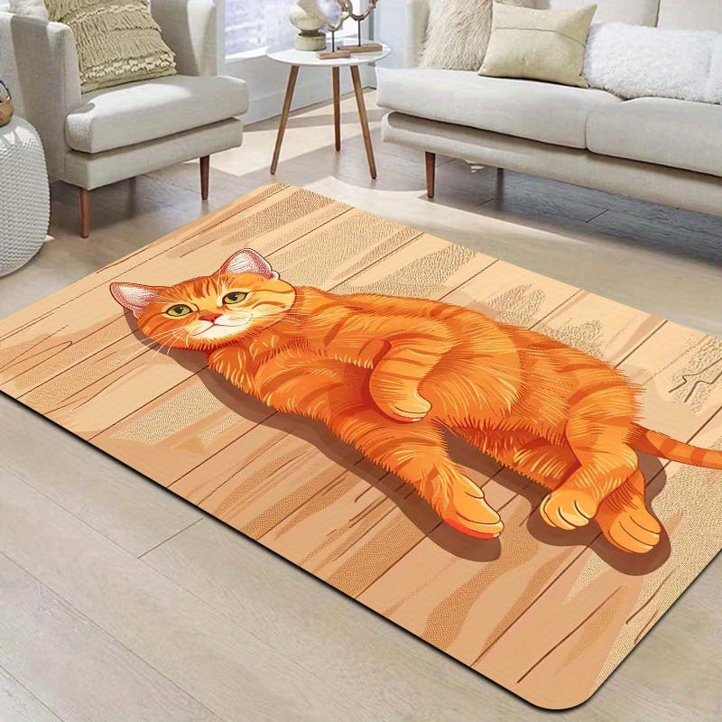 Rectangular Orange Cat Cartoon Floor Mat - Machine Washable Decorative Polyester Mat for Entryway, Kitchen, Living Room, and Bedroom | PVC Backed, E-Sports Ready, Easy to Clean Area Mat