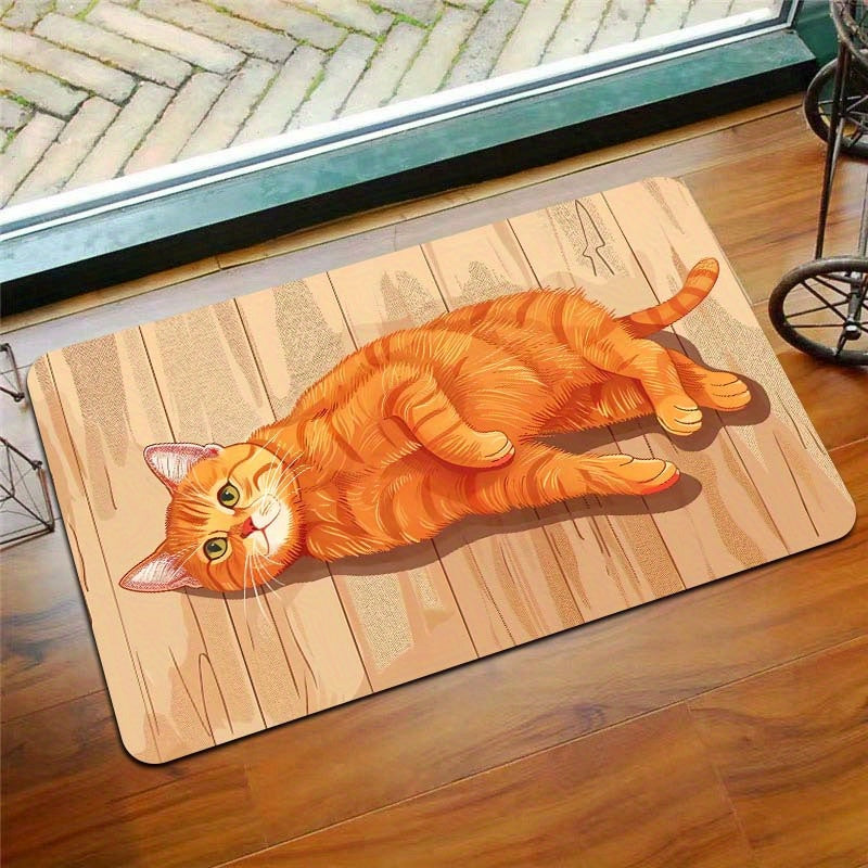 Rectangular Orange Cat Cartoon Floor Mat - Machine Washable Decorative Polyester Mat for Entryway, Kitchen, Living Room, and Bedroom | PVC Backed, E-Sports Ready, Easy to Clean Area Mat