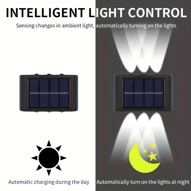 Outdoor 2-Pack Solar Wall Lights, 6LED Warm and Cold Dual Color, Intelligent Light Control, Plastic Shade, Solar Powered, Nickel Battery, for Garden, Courtyard, Street Landscape, Wedding