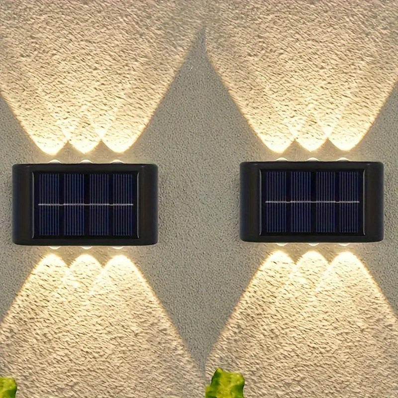 Outdoor 2-Pack Solar Wall Lights, 6LED Warm and Cold Dual Color, Intelligent Light Control, Plastic Shade, Solar Powered, Nickel Battery, for Garden, Courtyard, Street Landscape, Wedding