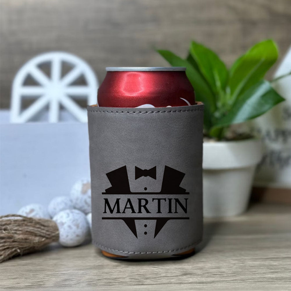 Personalized laser-engraved cooler holder for groomsmen and Him