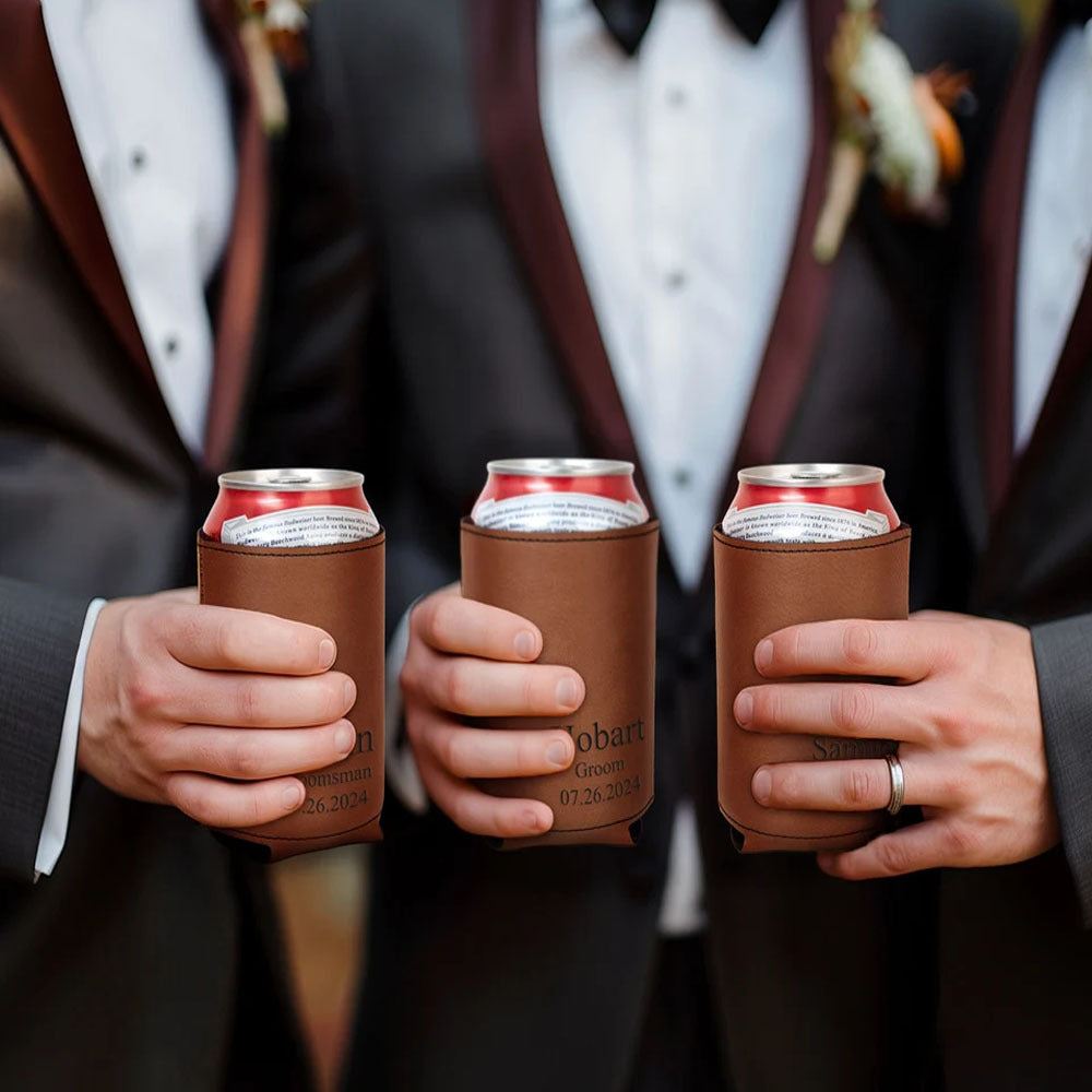 Personalized laser-engraved cooler holder for groomsmen and Him