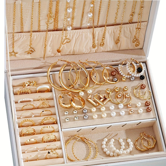 Vintage Boho Jewelry Set featuring 86 pieces, including an imitation pearl necklace, heart ring, earrings, and studs. This multi-piece fashion accessory is perfect for women to wear on a daily basis or for parties. Makes a great Valentine's Day gift and