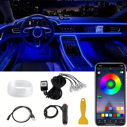 1pc KIEND 8.0m Fiber Optic LED Strip Lights, 6 in 1 RGB 16M Colors, APP Control, Music Sync, 12V Car Plug, Non-Waterproof, Interior Ambient Lighting Kit for Vehicle Decoration, No Battery