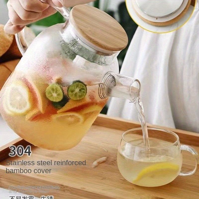 Spacious 1L Glass Teapot made of Borosilicate with Bamboo Lid and Stainless Steel - Resistant to Heat, Great for Flower Tea, Fruit Infusions & Cold Drinks